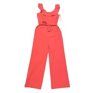 Antonio Melani Jumpsuit Size 8 Coral Pink Ruffle Neck Wide Leg Belted